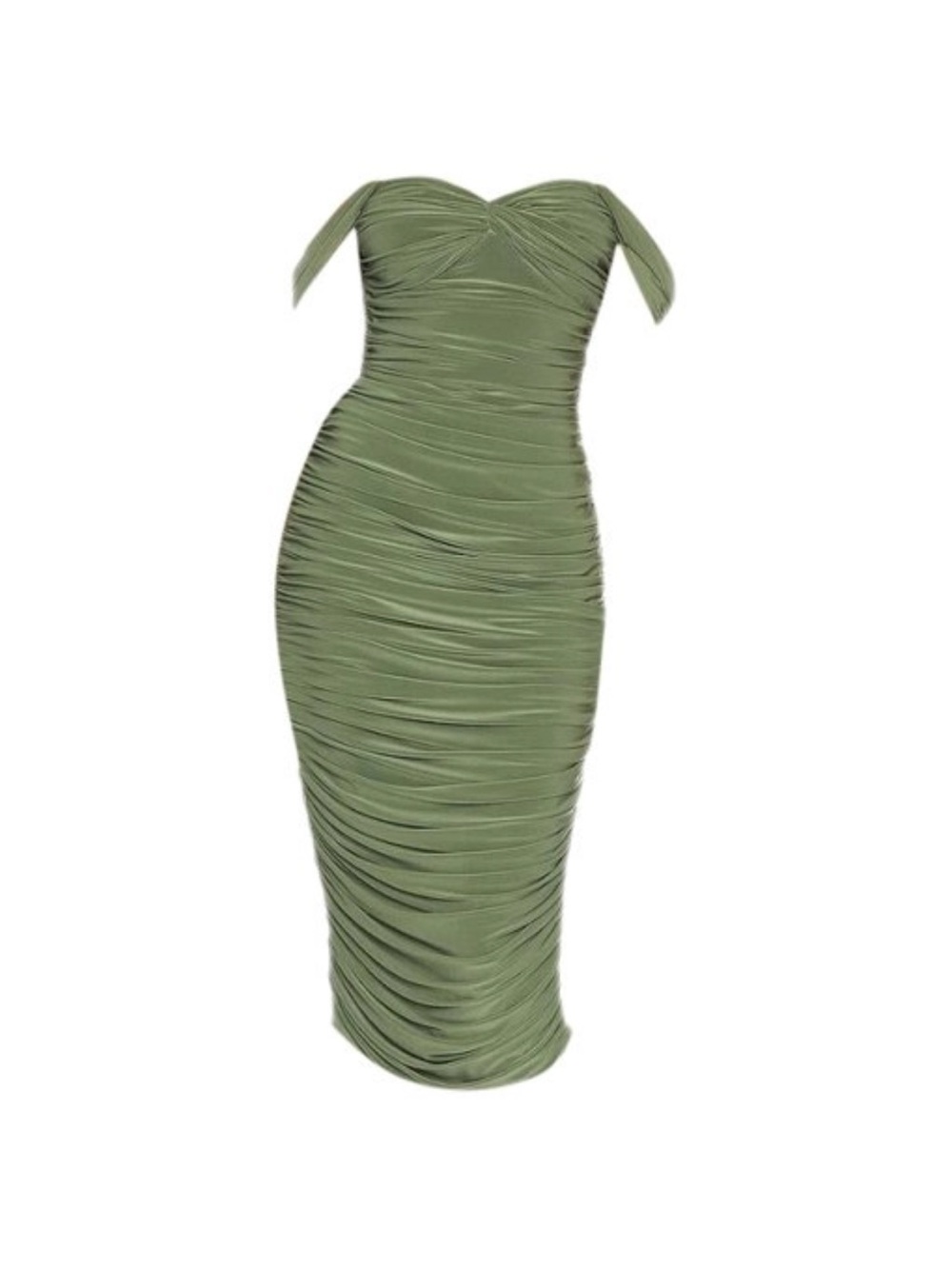 Norma Kamali Olive Green Ruched Off-Shoulder Midi Dress